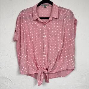 Good Luck Gem Pink Polka Dot Button Down Shirt Womens L Short Sleeve Casual Top